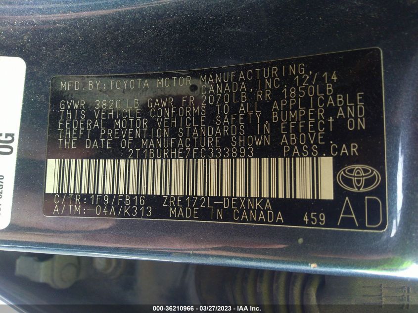 2015 TOYOTA COROLLA L/LE/S/S PLUS/LE PLUS - 2T1BURHE7FC333893
