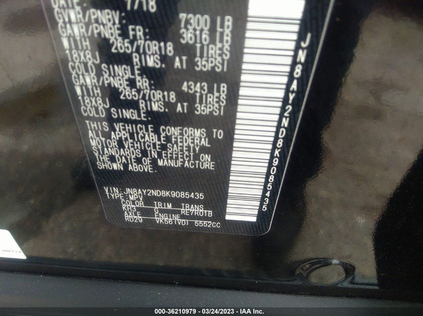 2019 NISSAN ARMADA SV JN8AY2ND8K9085435