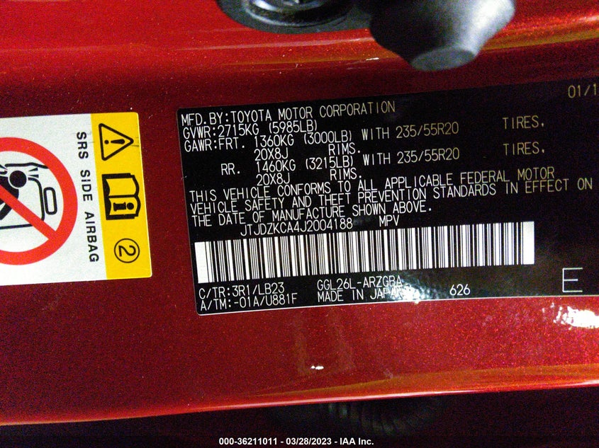 VIN JTJDZKCA4J2004188 2018 LEXUS RX RX 350L