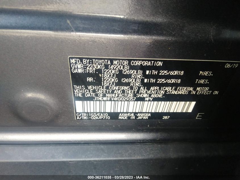2019 TOYOTA RAV4 HYBRID LIMITED - JTMDWRFV4KD029357