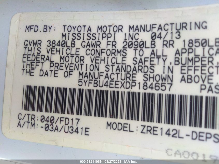2013 TOYOTA COROLLA L/LE/S - 5YFBU4EEXDP184657