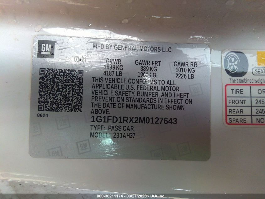 2021 CHEVROLET CAMARO 2LT - 1G1FD1RX2M0127643
