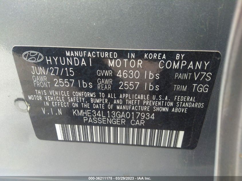2016 HYUNDAI SONATA HYBRID LIMITED - KMHE34L13GA017934