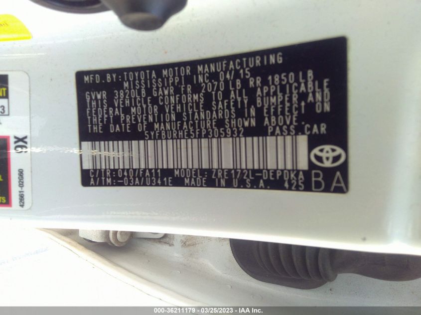 2015 TOYOTA COROLLA L/LE/S/S PLUS/LE PLUS - 5YFBURHE5FP305932