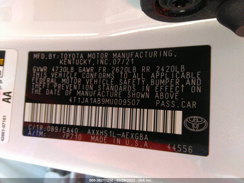 VIN 4T1JA1AB9MU009507 2021 TOYOTA AVALON HYBRID XLE