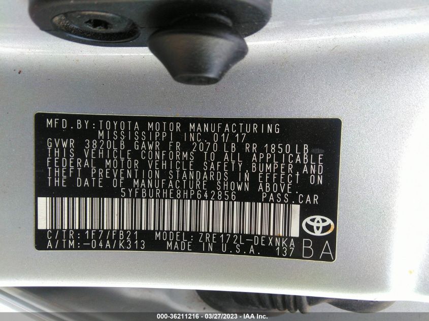 2017 TOYOTA COROLLA L/LE/XLE/SE - 5YFBURHE8HP642856
