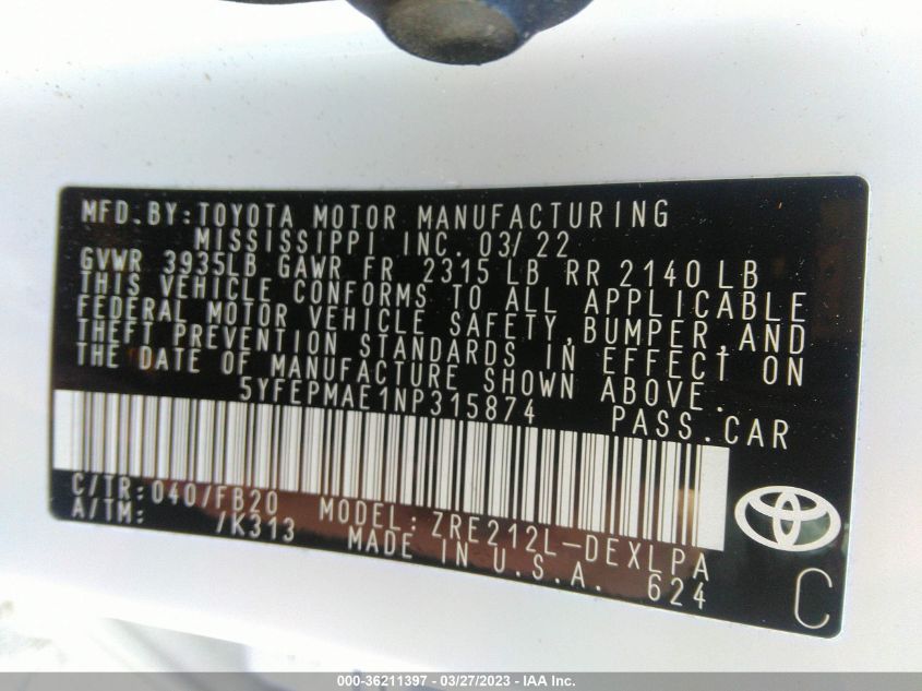 2022 TOYOTA COROLLA LE - 5YFEPMAE1NP315874