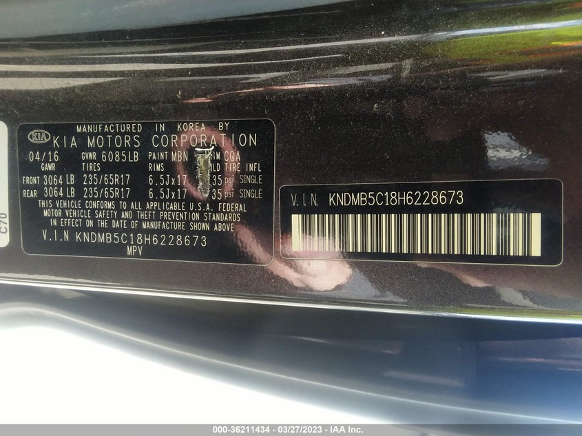 VIN KNDMB5C18H6228673 2017 KIA SEDONA LX