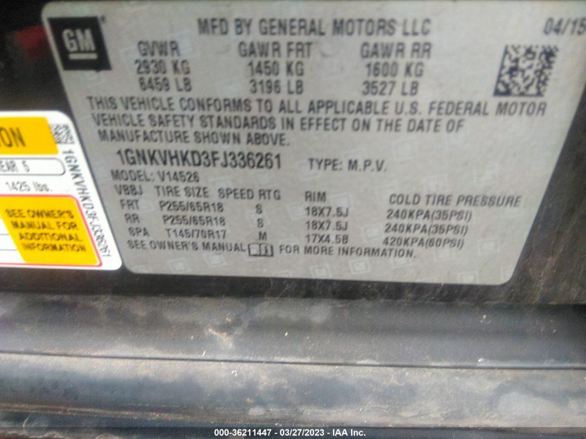 2015 CHEVROLET TRAVERSE LT - 1GNKVHKD3FJ336261