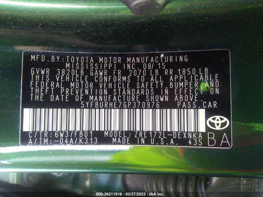 2016 TOYOTA COROLLA L/LE/S/S PLUS/LE PLUS - 5YFBURHE7GP370976