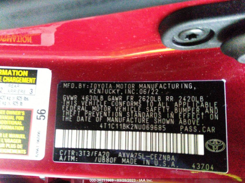 2022 TOYOTA CAMRY LE - 4T1C11BK2NU069685
