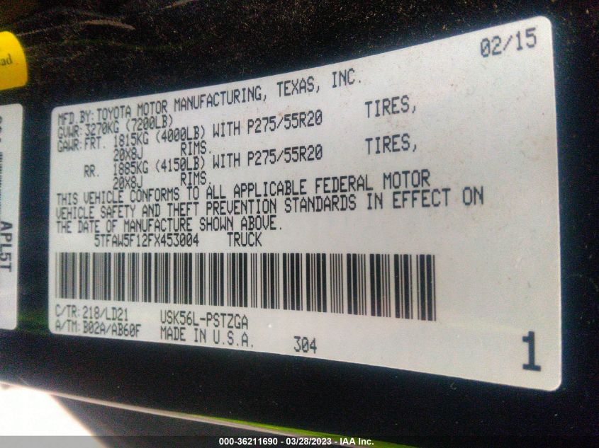 2015 TOYOTA TUNDRA 4WD TRUCK PLATINUM/1794 - 5TFAW5F12FX453004