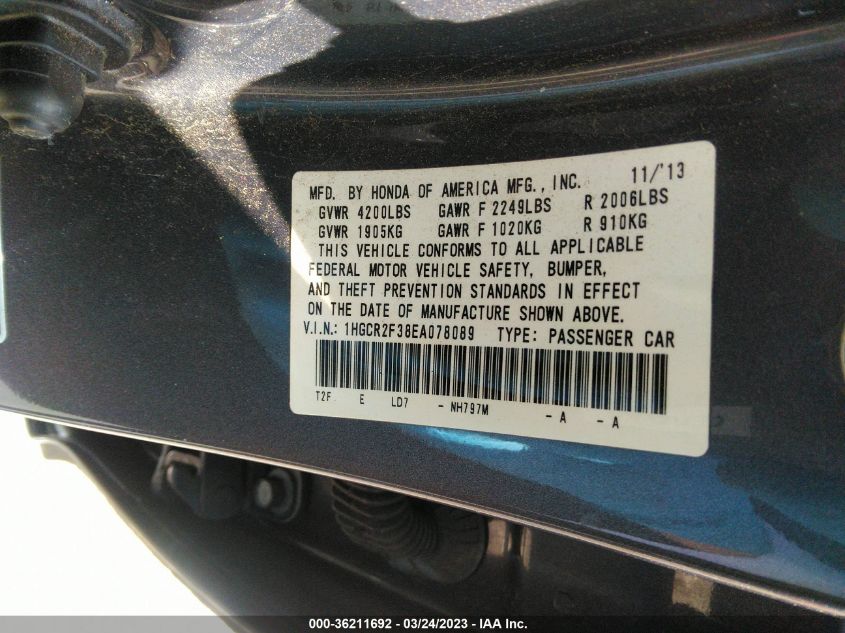 2014 HONDA ACCORD SEDAN LX - 1HGCR2F38EA078089