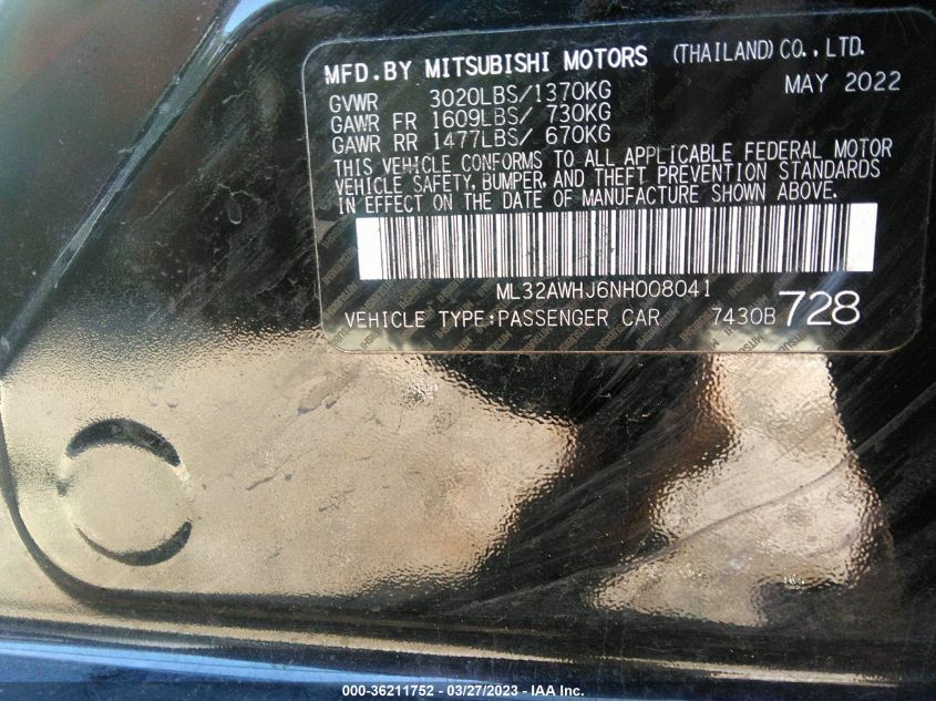2022 MITSUBISHI MIRAGE SE/BLACK EDITION - ML32AWHJ6NH008041