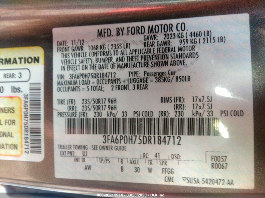 2013 FORD FUSION SE - 3FA6P0H75DR184712