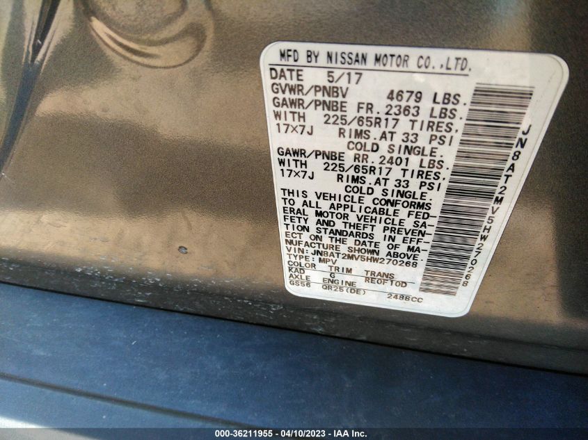 2017 NISSAN ROGUE SV - JN8AT2MV5HW270268