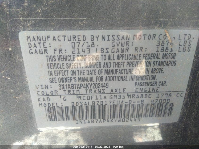 2019 NISSAN SENTRA S - 3N1AB7AP4KY202449