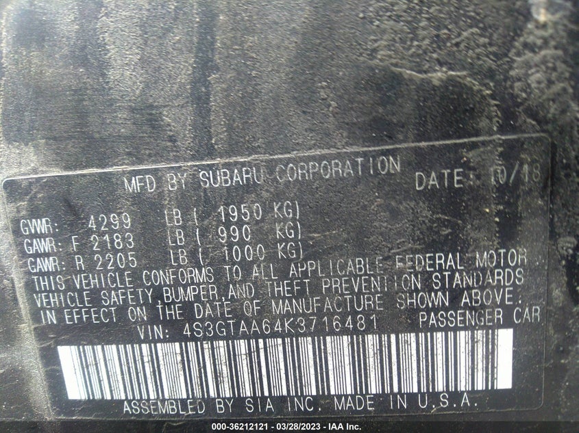 VIN 4S3GTAA64K3716481 2019 SUBARU IMPREZA