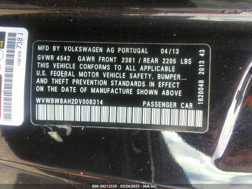 2013 VOLKSWAGEN EOS SPORT - WVWBW8AH2DV008314