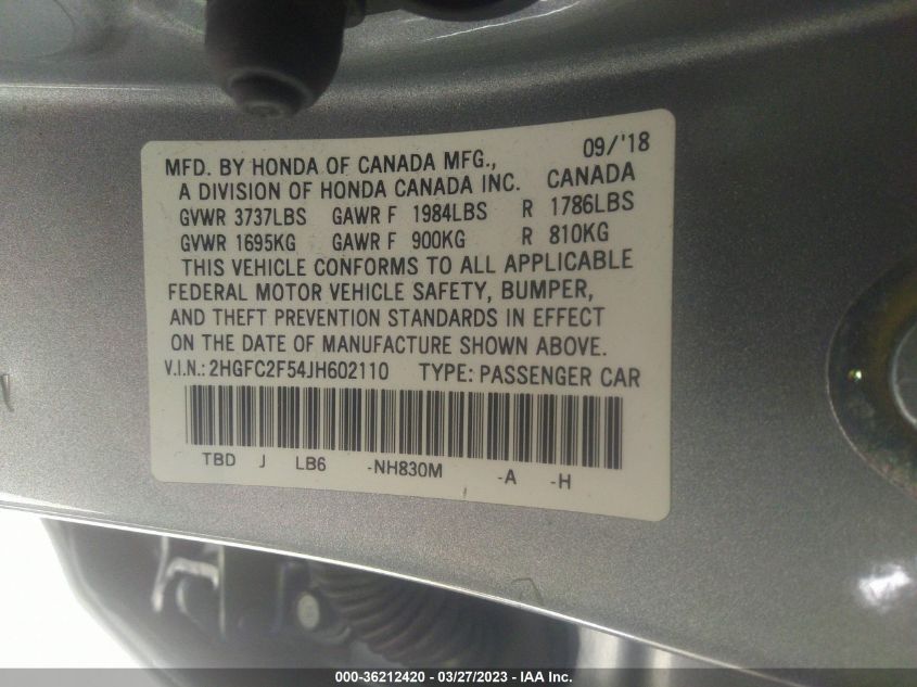 2018 HONDA CIVIC SEDAN LX - 2HGFC2F54JH602110
