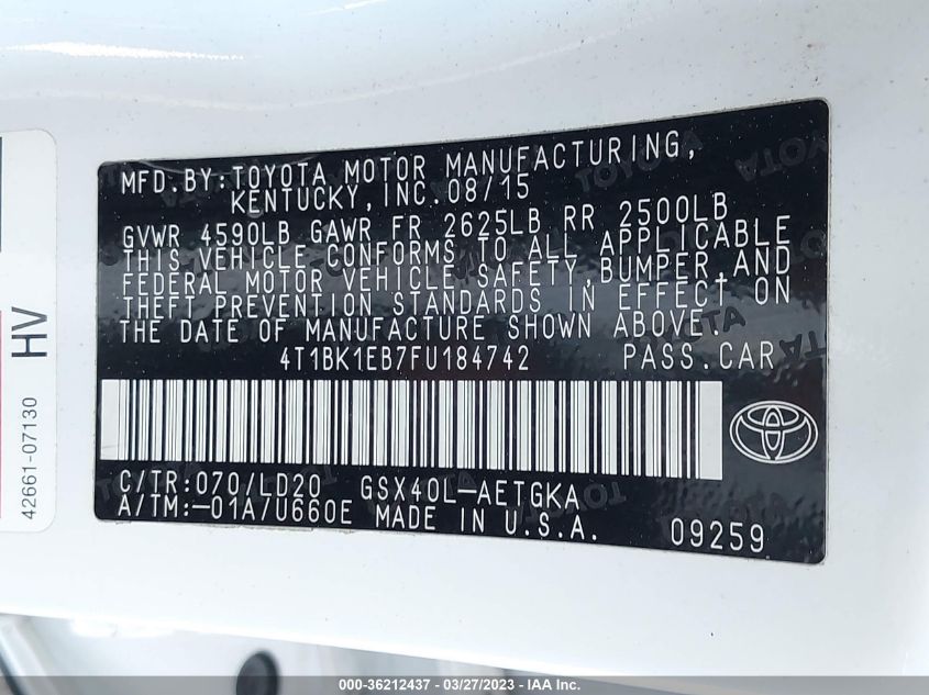 2015 TOYOTA AVALON LIMITED - 4T1BK1EB7FU184742