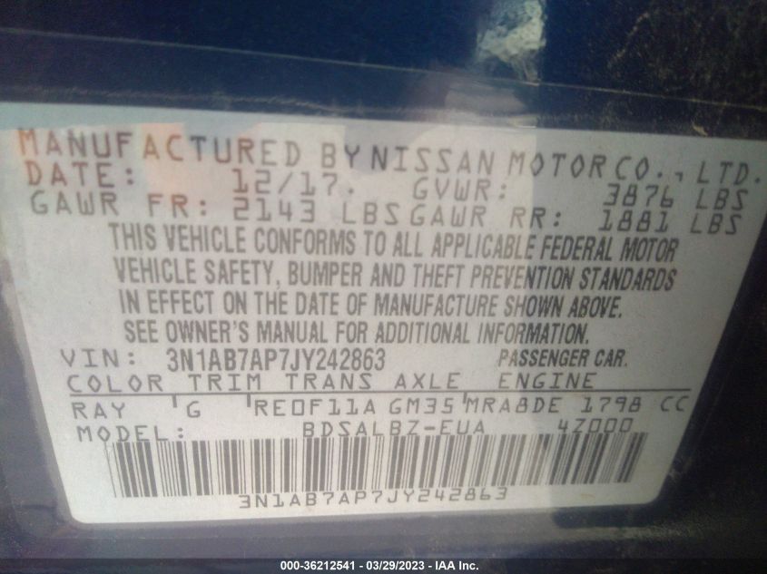 2018 NISSAN SENTRA S - 3N1AB7AP7JY242863