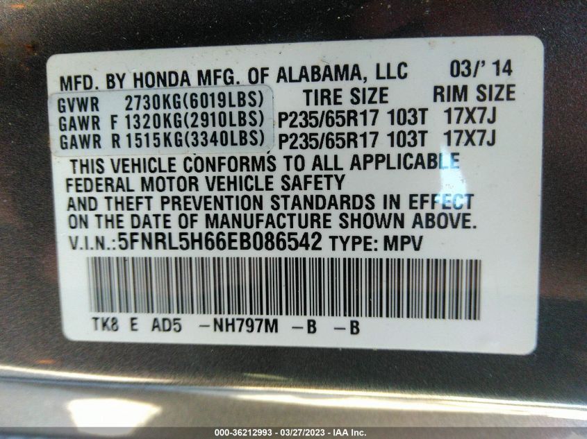 2014 HONDA ODYSSEY EX-L - 5FNRL5H66EB086542