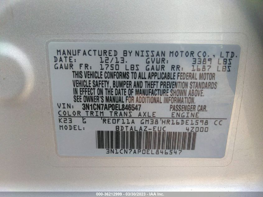 2014 NISSAN VERSA S PLUS - 3N1CN7AP0EL846547