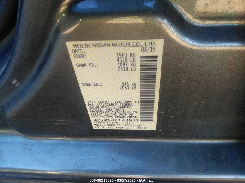 VIN 1N4BL4BV7LC143911 2020 NISSAN ALTIMA 2.5 S