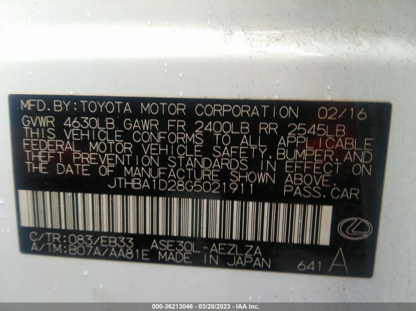 2016 LEXUS IS 200T - JTHBA1D28G5021911