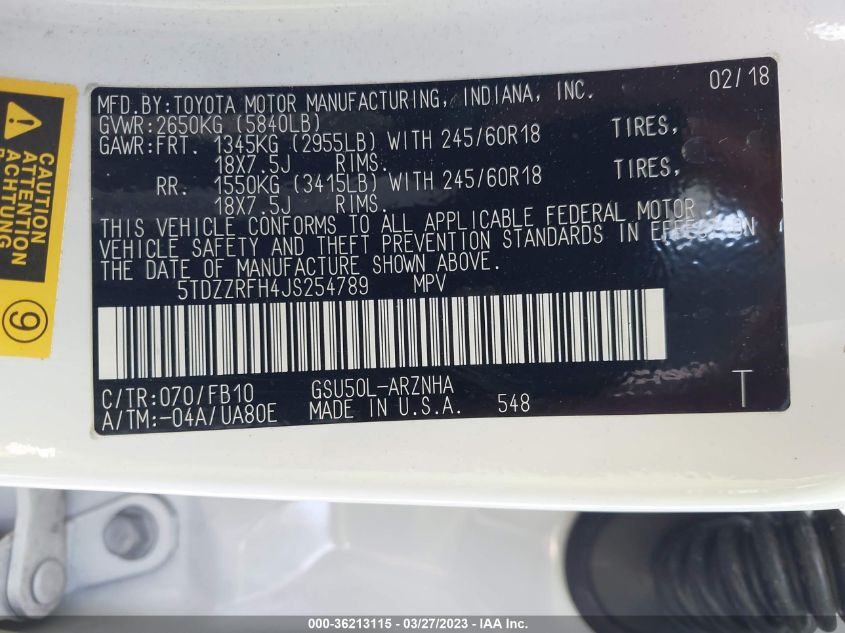 2018 TOYOTA HIGHLANDER LE - 5TDZZRFH4JS254789