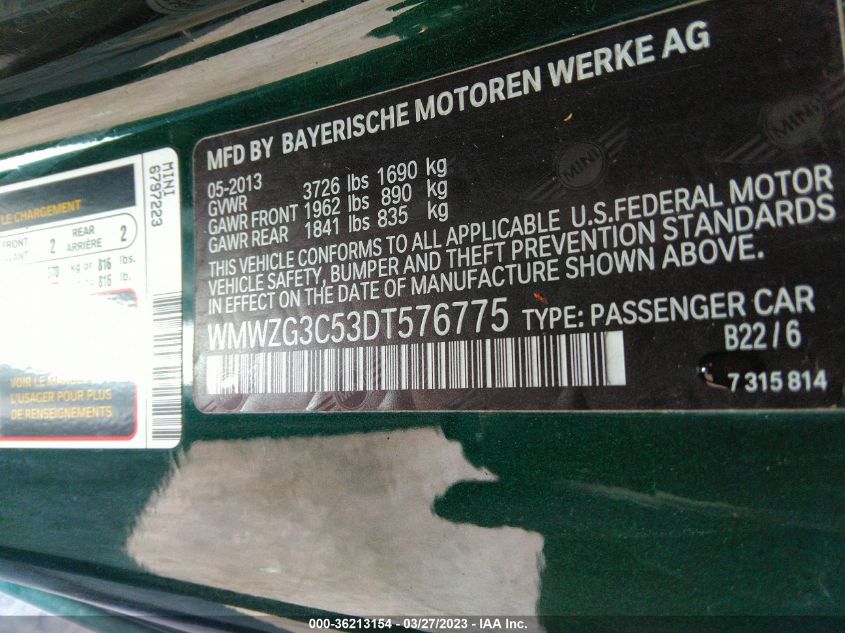 2013 MINI COOPER CLUBMAN S - WMWZG3C53DT576775