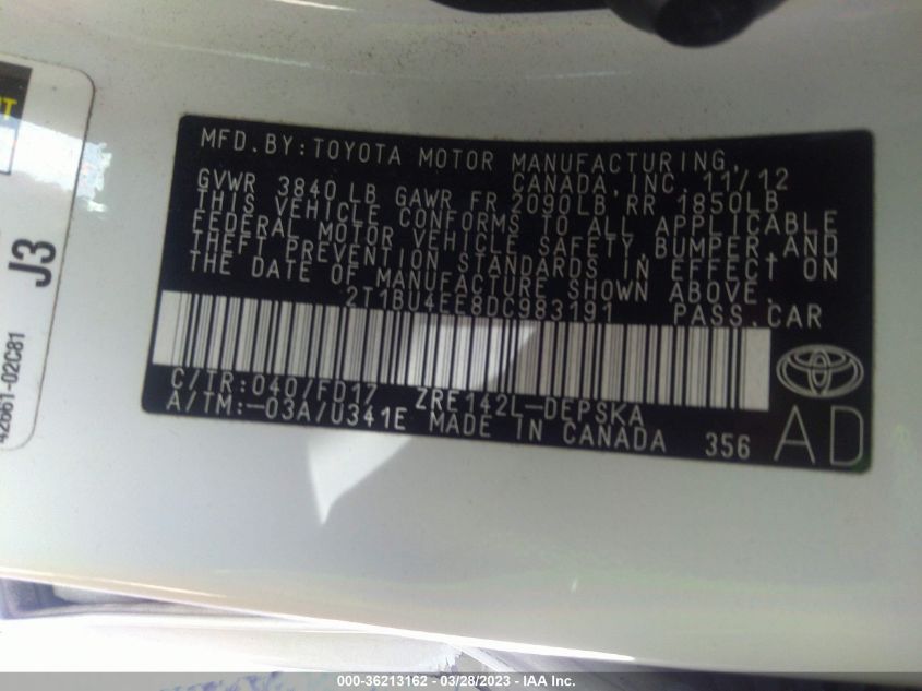 2013 TOYOTA COROLLA L/LE/S - 2T1BU4EE8DC983191