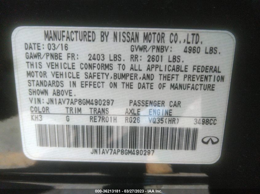 2016 INFINITI Q50 HYBRID - JN1AV7AP8GM490297