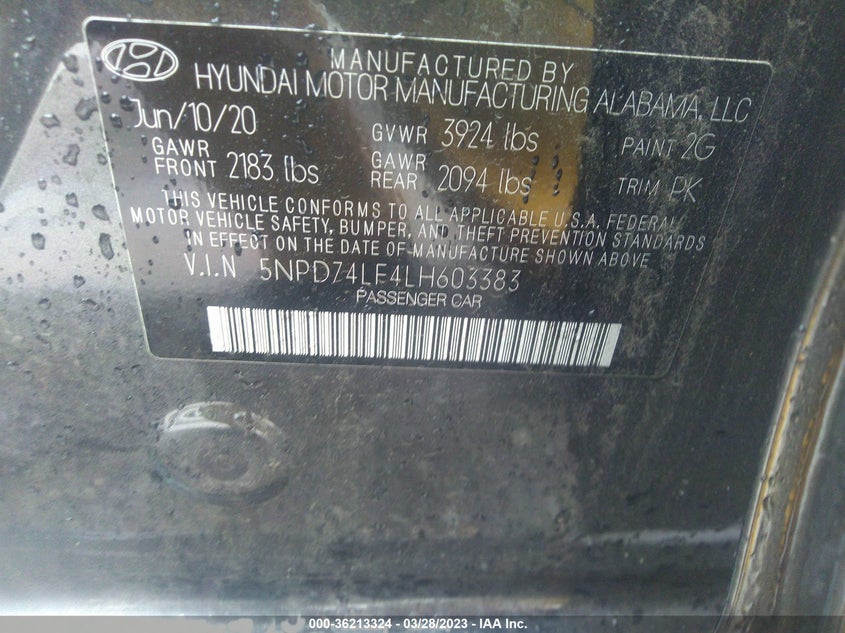 VIN 5NPD74LF4LH603383 2020 HYUNDAI ELANTRA SE