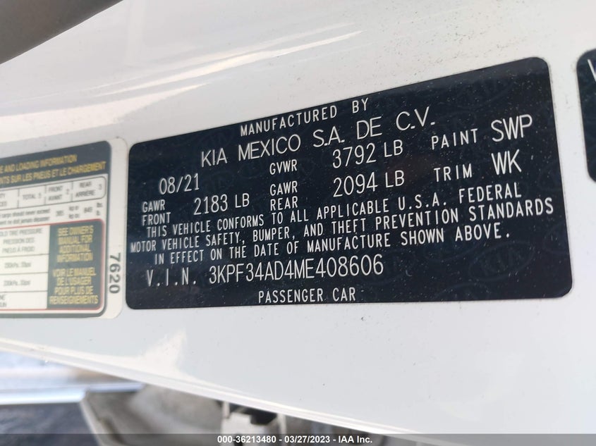 VIN 3KPF34AD4ME408606 2021 KIA FORTE GT-LINE