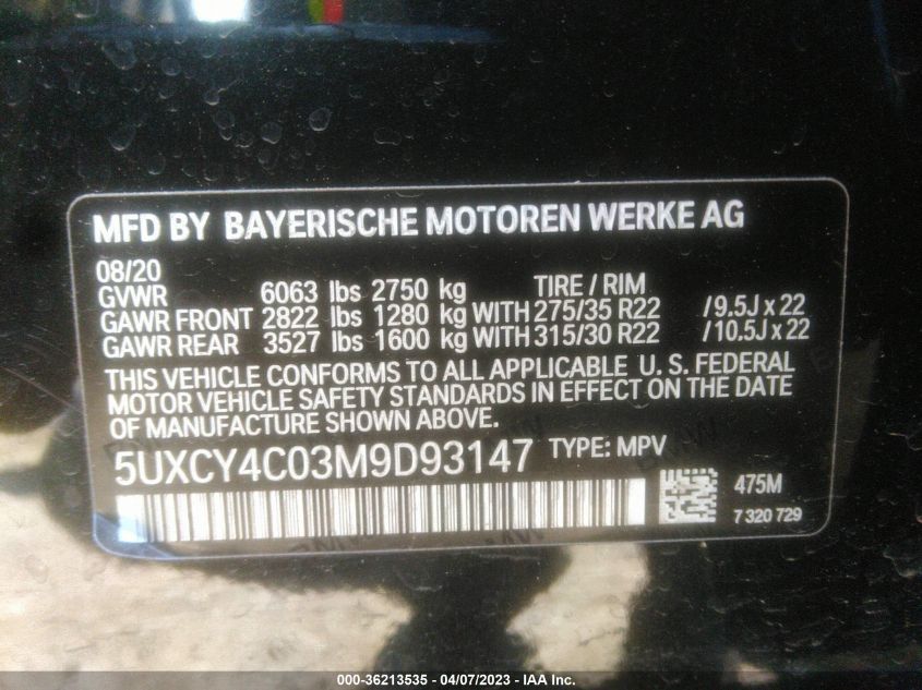 5UXCY4C03M9D93147 2021 BMW X6, photo no. 9