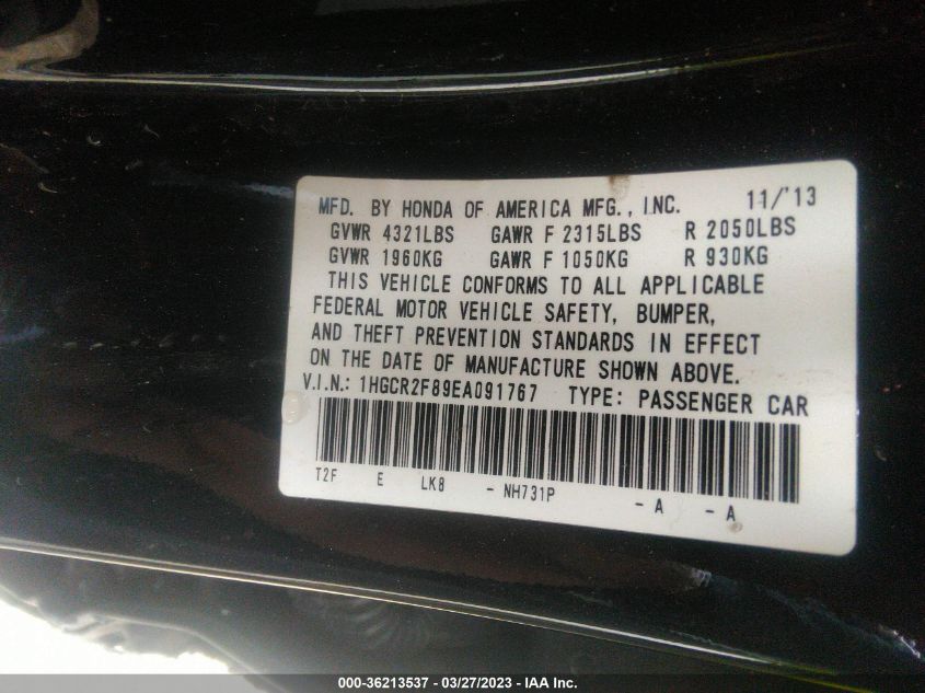 2014 HONDA ACCORD SEDAN EX-L - 1HGCR2F89EA091767