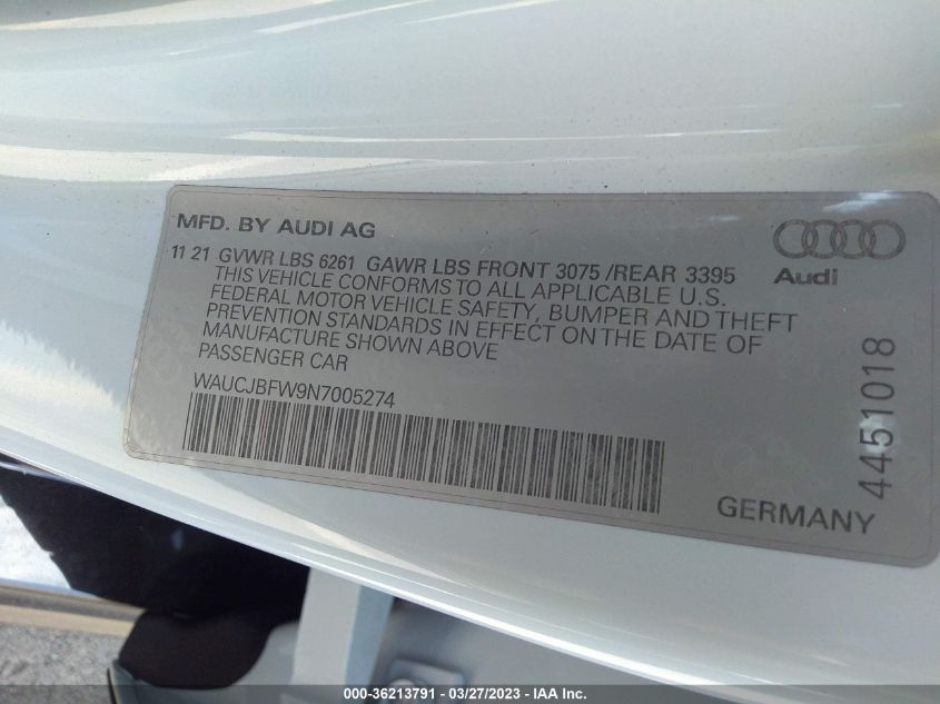 2022 AUDI E-TRON GT PREMIUM PLUS - WAUCJBFW9N7005274