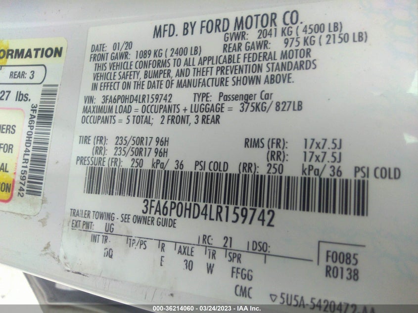 VIN 3FA6P0HD4LR159742 2020 FORD FUSION SE
