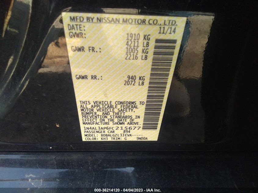 2015 NISSAN ALTIMA 2.5 - 1N4AL3AP6FC215677