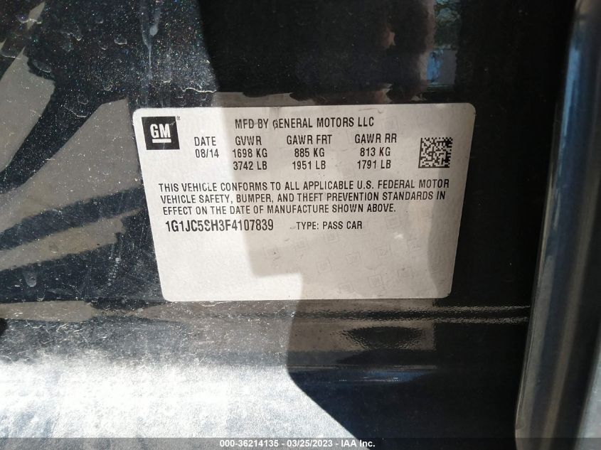 2015 CHEVROLET SONIC LT - 1G1JC5SH3F4107839