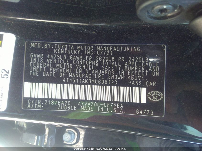 2021 TOYOTA CAMRY SE - 4T1G11AK3MU608123