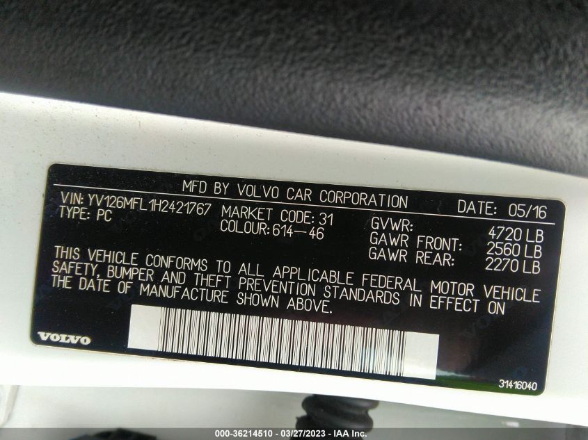2017 VOLVO S60 DYNAMIC - YV126MFL1H2421767