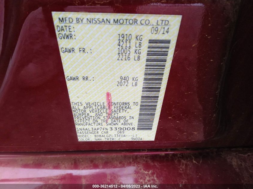 2015 NISSAN ALTIMA 2.5 S - 1N4AL3AP7FN339008