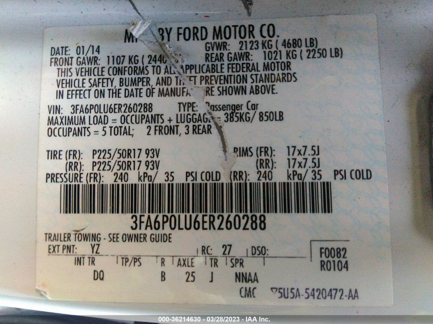 2014 FORD FUSION SE HYBRID - 3FA6P0LU6ER260288