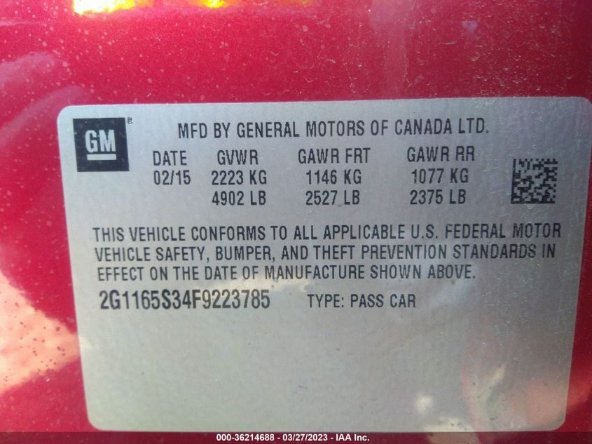 2015 CHEVROLET IMPALA LTZ - 2G1165S34F9223785