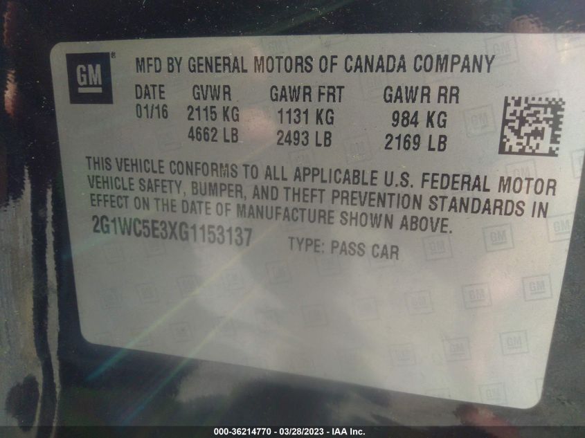 2016 CHEVROLET IMPALA LIMITED LTZ - 2G1WC5E3XG1153137