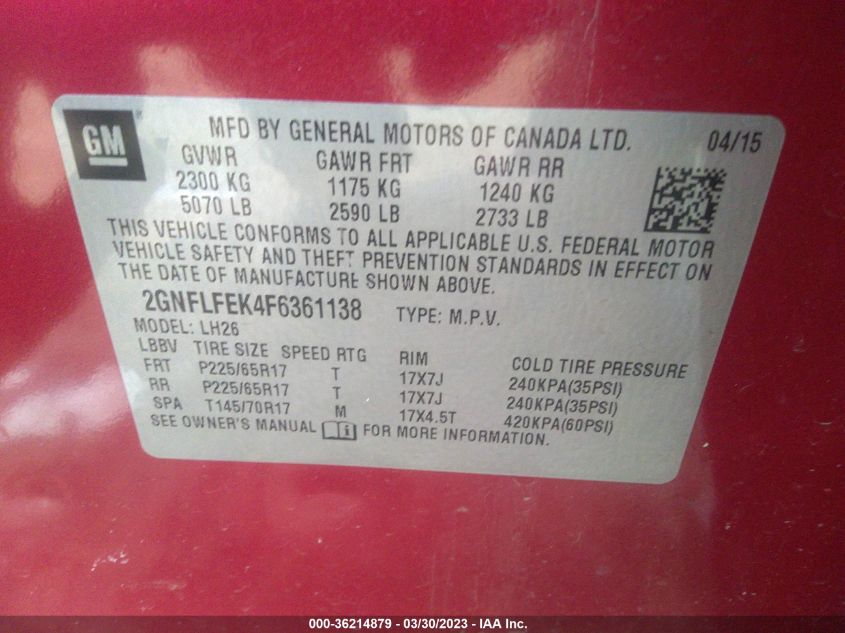 2015 CHEVROLET EQUINOX LT - 2GNFLFEK4F6361138