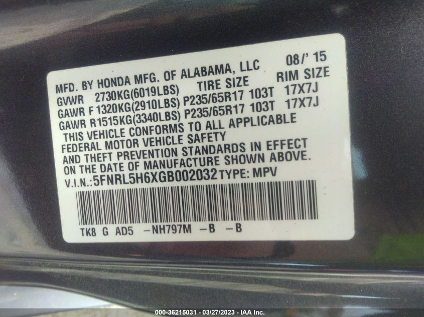 2016 HONDA ODYSSEY EX-L - 5FNRL5H6XGB002032